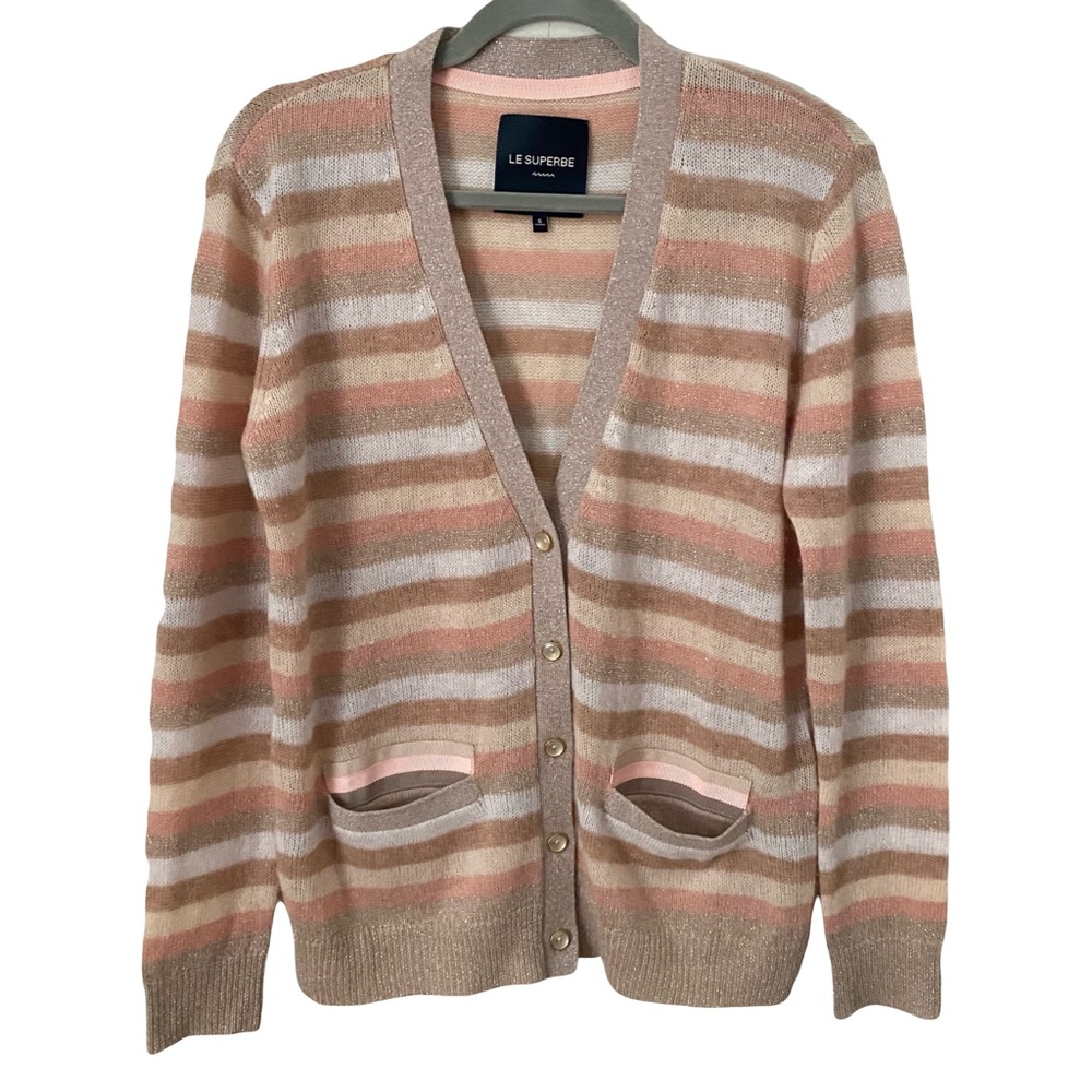 Le Superbe Wool Cashmere Glitter Striped Cardigan‎ Pink Tan Small Cottagecore